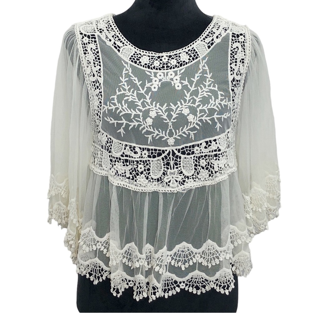 Sheer Romantic Lace Embroidered Gypsy Bride Mesh Bell Sleeve Blouse Top Small - Picture 4 of 12